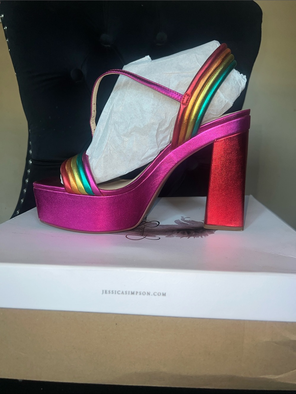 Jessica Simpson Metallic Fuchsia Platform Sandal with Rainbow Straps